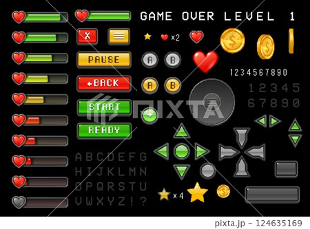 8bit pixel art game interface buttons, loading bar, rating and health icons asset. Vector ui set of directional controls, coins, hearts, stars, indicators. Pixelated classic retro videogame interface 8bit pixel art game interface buttons, loading bar, rating and health icons asset. Vector ui set of directional controls, coins, hearts, stars, indicators. Pixelated classic retro videogame interface 124635169