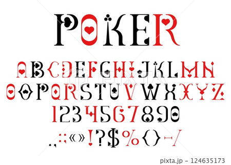 Casino card suit font, poker game typeface, gambling type, vegas english alphabet vector typography. Casino poker game play card font letters and numbers with black red hearts, diamonds, clubs, spades 124635173