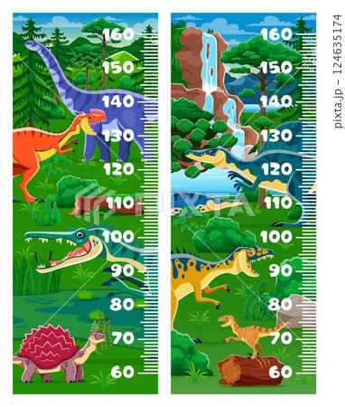 Kids height chart ruler with funny dinosaurs and cartoon Jurassic lizards, vector background. Kids height chart or baby growth measure ruler with prehistoric dinosaurs and lizards in jungle forest 124635174