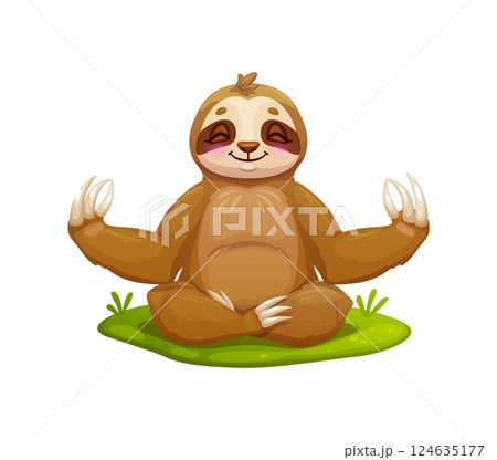 Cartoon lazy sloth in meditation Zen, funny cute animal for kids, vector character. Cheerful sloth in Buddah posture with harmony finger gesture in meditation or peaceful relaxation and tranquility 124635177