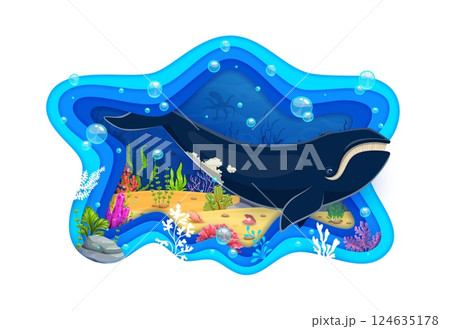 Ocean Day paper cut banner with blue whale character in underwater, cartoon vector. Ocean Day banner for sea nature conservation, underwater animals and coral reef fishes pollution protection 124635178