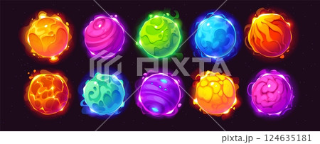 Cartoon glowing alien space planets for galaxy game assets, vector fantastic planets. Alien space worlds or glowing planets with craters of lava or ice and fire in starry sky for cosmic galaxy game 124635181