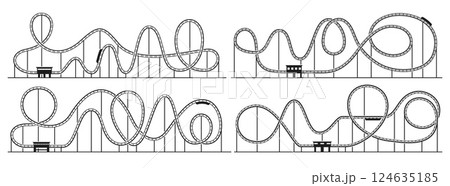 Roller coaster loop. Amusement park rollercoaster silhouette. Vector black and white roller coaster track loops, twists and steep drops, thrilling entertainment rides. Adrenaline extreme attractions 124635185
