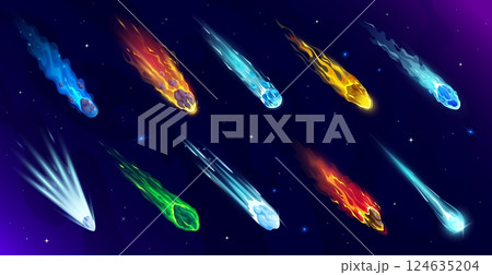 Falling space comets, meteors and asteroids on starry galaxy sky vector background. Cartoon comets of space rocks, ice and dust falling with speed fire trails and gas light tails. Meteor shower themes 124635204