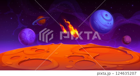 Galaxy alien space planet landscape with falling fire comets cartoon background. Vector space game alien universe red planet with rocks and craters, futuristic galaxy starry sky with comet shower 124635207