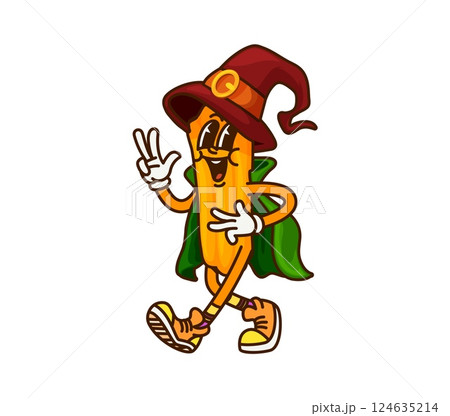 Groovy cartoon Mexican churro as Halloween wizard character, vector funny Tex Mex food. Groovy Mexican churro dessert with happy smile in witch hat and sorcerer wizard mantle for Halloween holiday 124635214