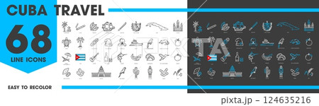 Cuba travel and landmark line icons. Vector Havana capitol building, flag, map and coat of arms, cuban cigar, rum and tobacco. Cuba guitar, beach palm, parrot, sugarcane and Columbus boat outline sign 124635216