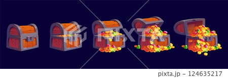 Cartoon pirate treasure chest animated game sprite sheet effect, vector animation VFX. Pirate treasure chest closed and opening animated effect or sprite sheet for box with gold coins and gemstones 124635217