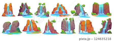 Cartoon waterfall water cascades set with mountains and jungle forest trees. Vector nature landscape scenery view of waterfalls, mountain river or stream cascades, blue water splashes, mist and drops 124635218