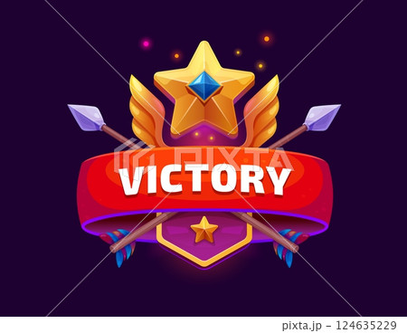 Game victory icon badge, gui award trophy featuring bright golden winged star, red banner and crossed arrows. Cartoon vector pop up user interface for gaming achievements and winners appreciation 124635229