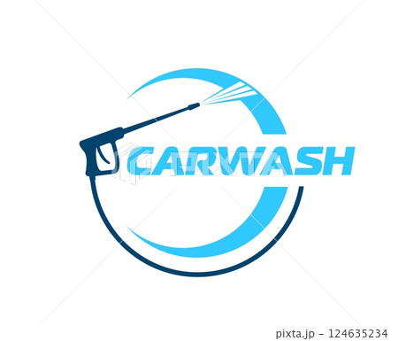 Car washing service icon of pressure washer gun with spray in splash bubble, vector symbol. Car wash service emblem for automobile and vehicles cleaning garage with high pressure wash gun sign 124635234