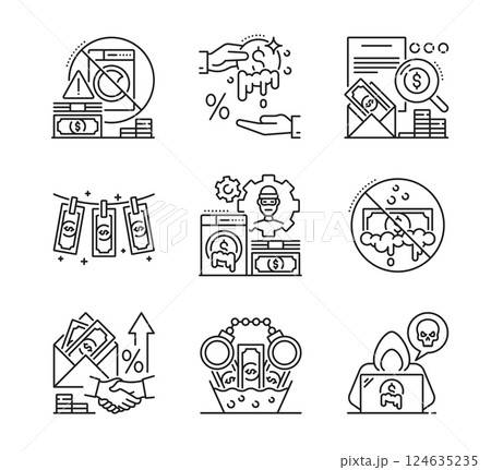 AML anti money laundering icons of economic crime and financial fraud, vector line signs. AML icons of corruption bribe, cyber scam or illegal finance and banking payments for anti money laundering 124635235