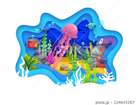 Paper cut underwater landscape with jellyfish. 3d vector wavy layered frame with undersea world and marine life, cartoon sea fish and seaweed. Whimsical and imaginative vibrant scene with papercut art Paper cut underwater landscape with jellyfish. 3d vector wavy layered frame with undersea world and marine life, cartoon sea fish and seaweed. Whimsical and imaginative vibrant scene with papercut art 124635267