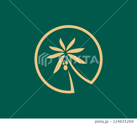 Palm icon for tropical summer beach resort or hotel and SPA , vector line emblem. Palm tree with coconuts in golden linear badge for Hawaii paradise island and exotic tropic vacation and travel 124635269