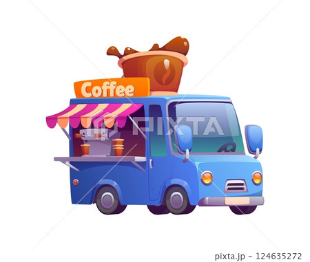 Cartoon coffee food truck, vintage festival street foodtruck van with giant cup on top, serving hot beverages. Mobile cafe car, restaurant on wheels with open side panel revealing coffee machine 124635272