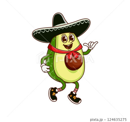 Cartoon groovy Mexican avocado mariachi musician character in sombrero with shaka gesture. Isolated vector amusing tropical fruit personage perform musical concert at Cinco de Mayo holiday celebration Cartoon groovy Mexican avocado mariachi musician character in sombrero with shaka gesture. Isolated vector amusing tropical fruit personage perform musical concert at Cinco de Mayo holiday celebration 124635275