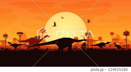 Prehistoric dinosaurs silhouettes on sunset landscape with trees and plants. Vector background with terrain dino species and flying pterosaur shadows in front of the large orange sun in a dusk sky 124635280