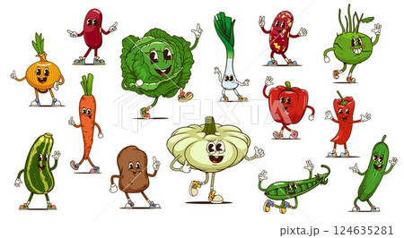 Groovy vegetable food characters waving hands. Cartoon retro hippie onion, pepper, carrot and beans. Happy groovy vegetables vector personages of cabbage, zucchini, potato, cucumber and chili veggies Groovy vegetable food characters waving hands. Cartoon retro hippie onion, pepper, carrot and beans. Happy groovy vegetables vector personages of cabbage, zucchini, potato, cucumber and chili veggies 124635281