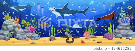 Underwater landscape, cartoon game background with hammerhead shark, seal, turtle sea animals and fish shoal amidst coral and seaweed. Cartoon vector ocean floor with diverse marine life and rocks 124635283
