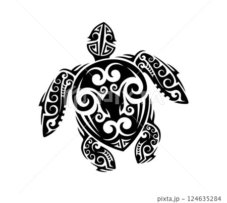 Maori tribal turtle reptile animal tattoo filled with traditional swirling patterns and black ink. Isolated vector tortoise shape reflects longevity and wisdom in cultural and oceanic significance Maori tribal turtle reptile animal tattoo filled with traditional swirling patterns and black ink. Isolated vector tortoise shape reflects longevity and wisdom in cultural and oceanic significance 124635284