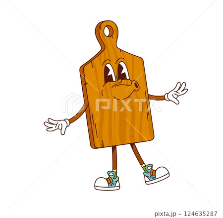 Cartoon groovy cutting board character with funny face, vector kitchenware utensil. Groovy wooden chopping board with happy smile and funky whistling for kitchenware utensil retro cartoon character Cartoon groovy cutting board character with funny face, vector kitchenware utensil. Groovy wooden chopping board with happy smile and funky whistling for kitchenware utensil retro cartoon character 124635287