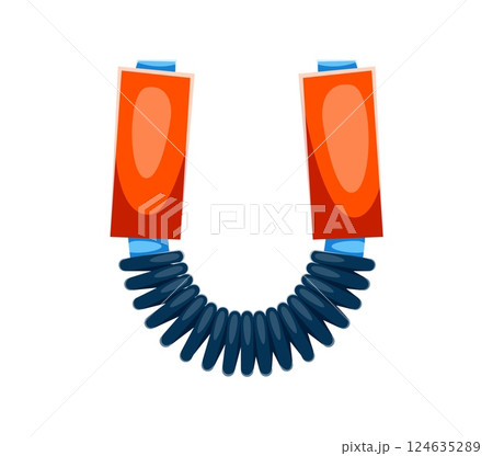 Cartoon sporty letter U as a hand grip with a coiled spring and ergonomic handles. Vector educational typography character, sport font, typeface, funny type, kids English alphabet promoting fitness 124635289