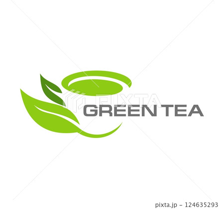 Green herbal tea icon with leaves for drink beverage product package, vector emblem. Natural tea icon of cup or mug teacup shape in green leaf for Chinese or Japanese green tea label Green herbal tea icon with leaves for drink beverage product package, vector emblem. Natural tea icon of cup or mug teacup shape in green leaf for Chinese or Japanese green tea label 124635293