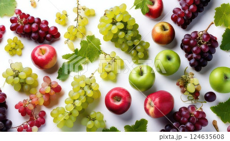 《AI画像》白背景に並べたブドウとマスカット 124635608