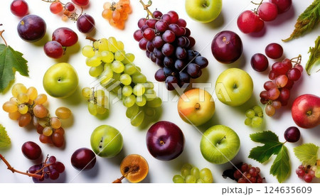 《AI画像》白背景に並べたブドウとマスカット 《AI画像》白背景に並べたブドウとマスカット 124635609