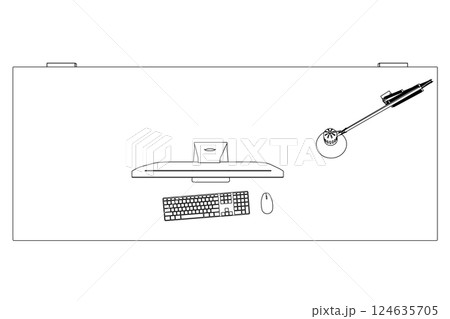 The contour of the workplace with a computer on the table and a lamp made of black lines isolated on a white background. View from above. 3D. Vector illustration. 124635705