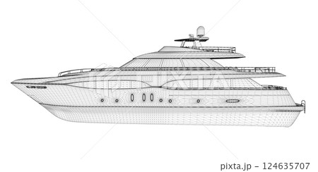 Wireframe of a large luxury yacht from black lines isolated on a white background. Side view. 3D. Vector illustration. 124635707