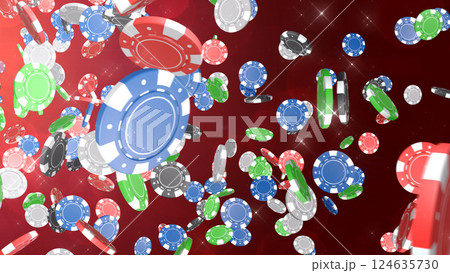 左上から降り注ぐカジノチップ - レッド背景 左上から降り注ぐカジノチップ - レッド背景 124635730