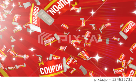 左上から降り注ぐクーポン券 - レッド背景 124635733