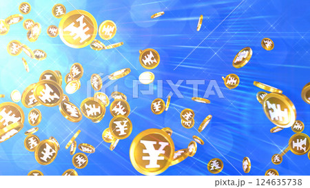左上から降り注ぐ円硬貨 - ブルー背景 左上から降り注ぐ円硬貨 - ブルー背景 124635738