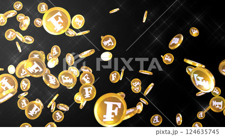 左上から降り注ぐスイスフラン硬貨 - 黒背景 左上から降り注ぐスイスフラン硬貨 - 黒背景 124635745