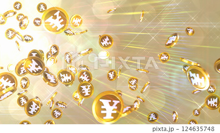左上から降り注ぐ円硬貨 - ゴールド背景 124635748