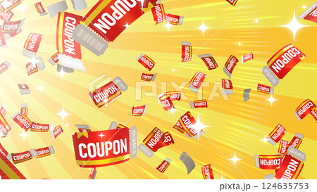左上から降り注ぐクーポン券 - イエロー背景 124635753