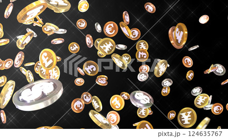 左上から降り注ぐ様々な硬貨 - 黒背景 124635767