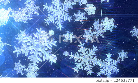 左上から降り注ぐ雪の結晶 - ダークブルー背景 124635771