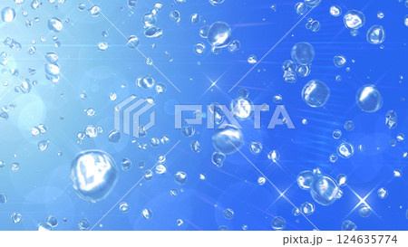 左上から降り注ぐ水滴 - ブルー背景 124635774