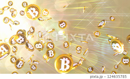 左上から降り注ぐビットコイン - ゴールド背景 左上から降り注ぐビットコイン - ゴールド背景 124635785