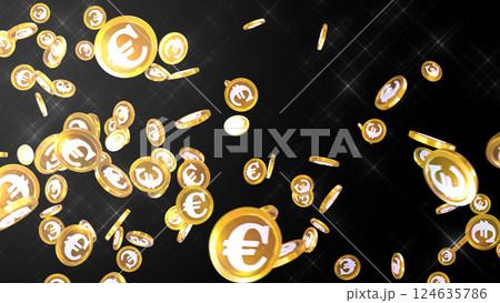 左上から降り注ぐユーロ硬貨 - 黒背景 124635786