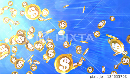 左上から降り注ぐ米ドル硬貨 - ブルー背景 124635798
