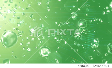 左上から降り注ぐ水滴 - グリーン背景 124635804