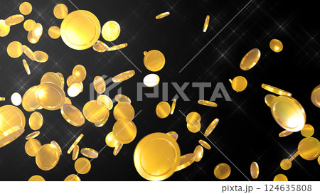 左上から降り注ぐコイン - 黒背景 124635808
