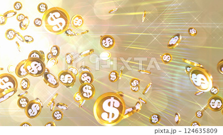 左上から降り注ぐ米ドル硬貨 - ゴールド背景 124635809