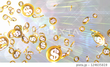 左上から降り注ぐ米ドル硬貨 - シルバー背景 124635819