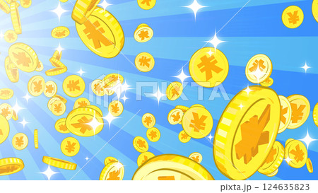 左上から降り注ぐ円硬貨 - ブルー背景 124635823