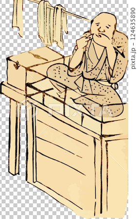 一幅卡通畫描繪了一位澡堂服務員刮鬍子 124635890