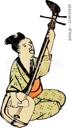 三味線を弾きながら歌う女性のゆる画素材 124635916